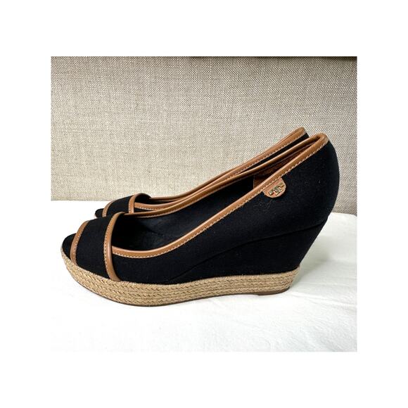 Tory Burch Majorca Wedge Sandal Peep Toe Black Canvas Espadrille Size 9 - Picture 6 of 13